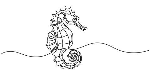 Seahorse swims underwater.Set of sea ocean elements.One continuous line .One continuous drawing line logo isolated minimal illustration, Continuous curve one line drawing of cute swimming seahorse. 