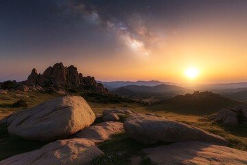 Fototapeta premium Stunning sunset over rocky landscape with a starry sky in the background near mountain range