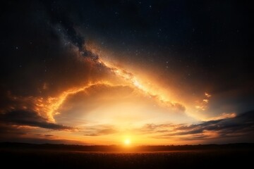 Naklejka premium Breathtaking sunset over a serene landscape with vibrant clouds and a clear sky at dusk