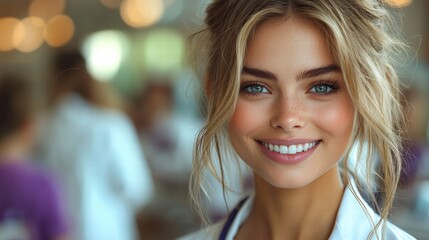 Obraz premium Bright Smiling Young Woman in Medical Uniform with Natural Beauty