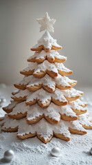An artistic arrangement of gingerbread cookies shaped like a tree shines.