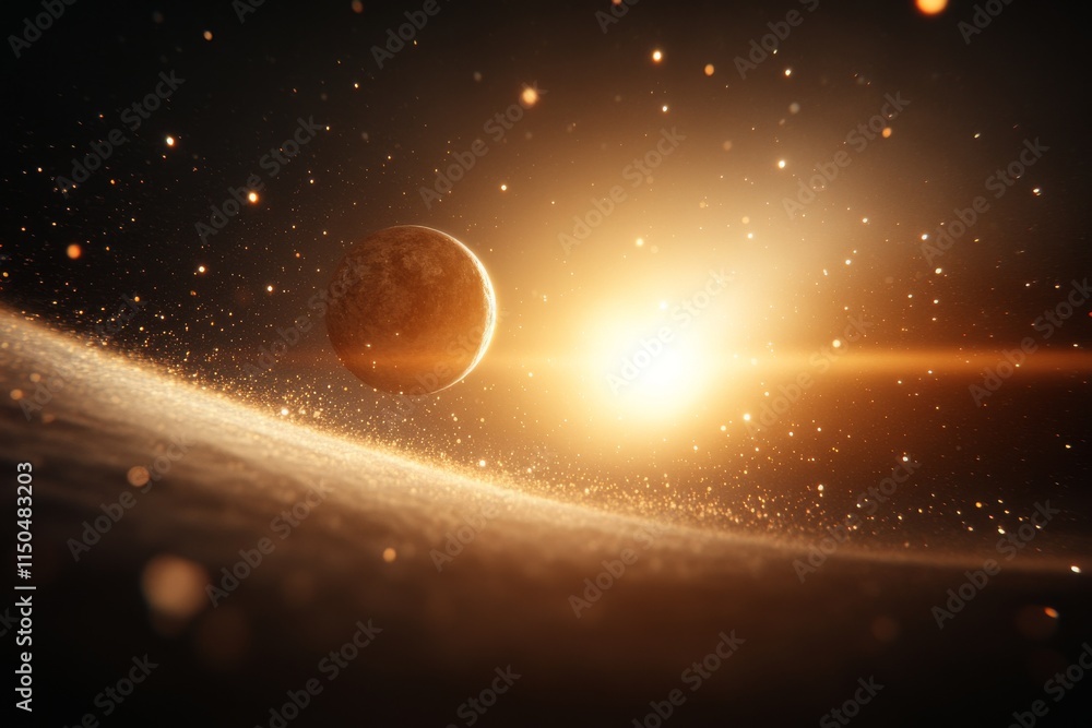 Poster stunning view of a distant planet illuminated by a bright star in a cosmic setting filled with parti