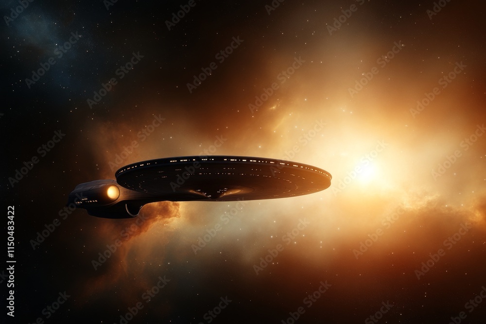Poster spaceship navigating through cosmic clouds near a radiant star in deep space twilight