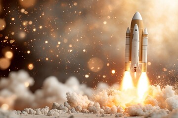 Obraz premium Rocket launches with a burst of flames and smoke against a shimmering background in a dramatic display of power and innovation