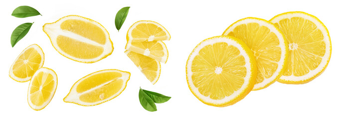 Ripe lemon slices isolated on white background with full depth of field. Top view. Flat lay