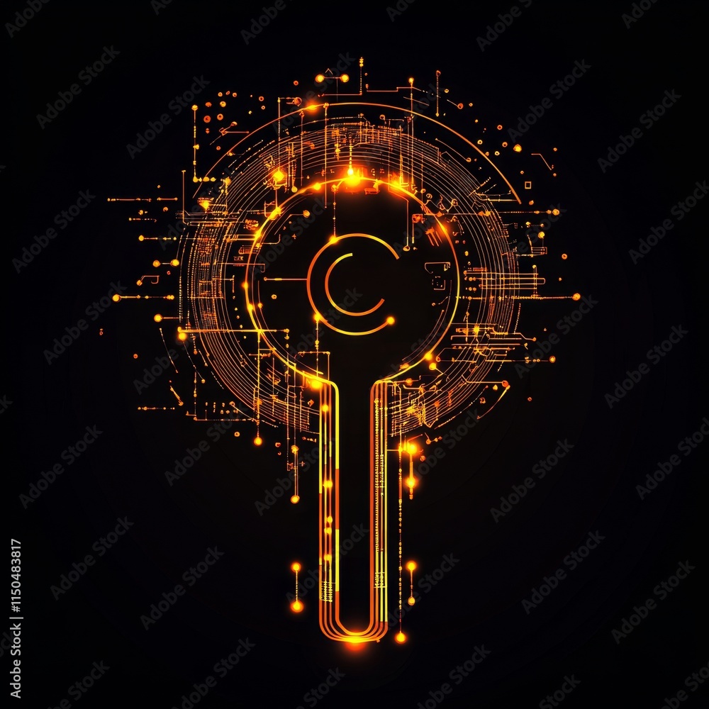 Poster high-tech digital key design featuring glowing circuits and intricate patterns set against a dark ba