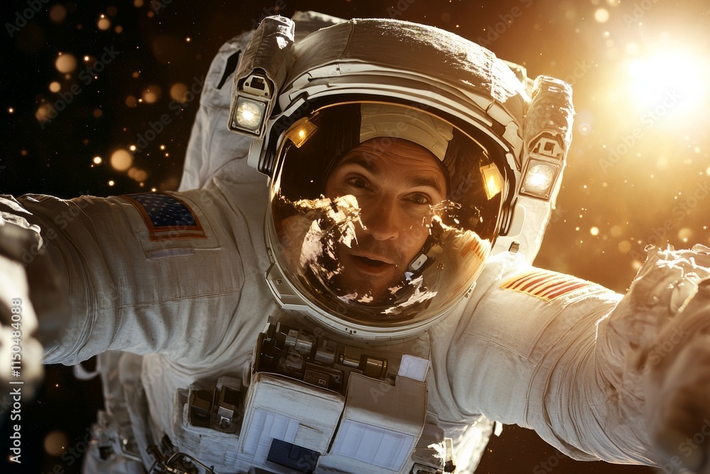 Poster astronaut floating in space exploring the vast universe surrounded by stars and cosmic dust