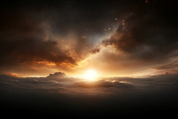 Majestic sunrise breaking through clouds in a serene cosmic landscape