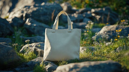 A beige tote bag, lying next to rocks and grass in an outdoor setting. The scene includes natural elements like trees or flowers around the rock, adding depth and texture to the composition.