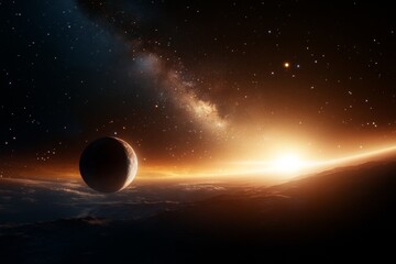 Vibrant view of a cosmic sunrise behind a dark planet in deep space with stars and the Milky Way