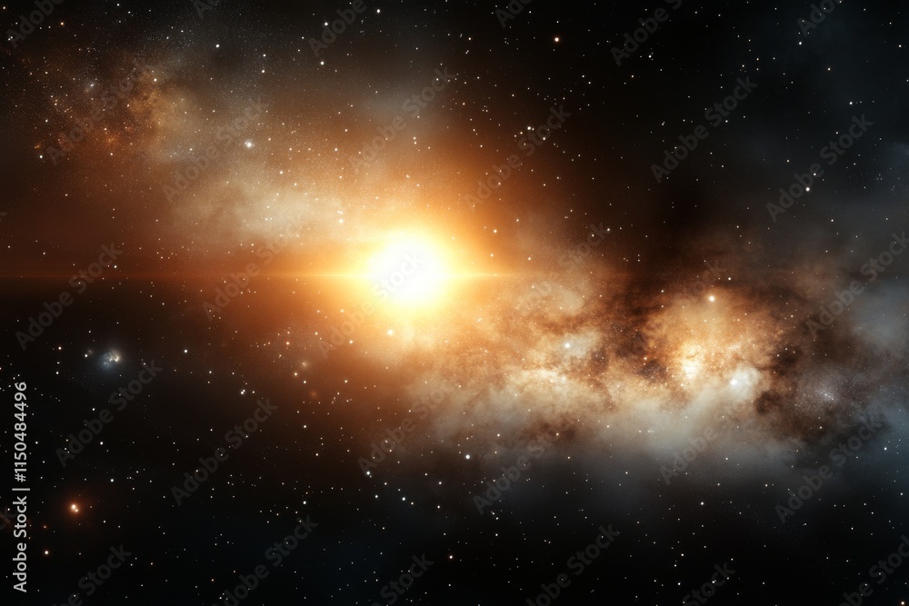 Poster bright celestial explosion occurs in deep space, illuminating surrounding cosmic clouds and creating