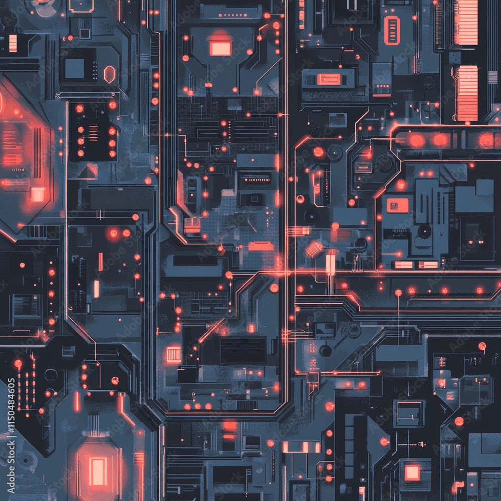 Poster network circuitry with glowing elements showcasing intricate patterns in a dark color palette