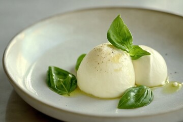 Fresh mozzarella balls with basil and olive oil on a minimalist plate