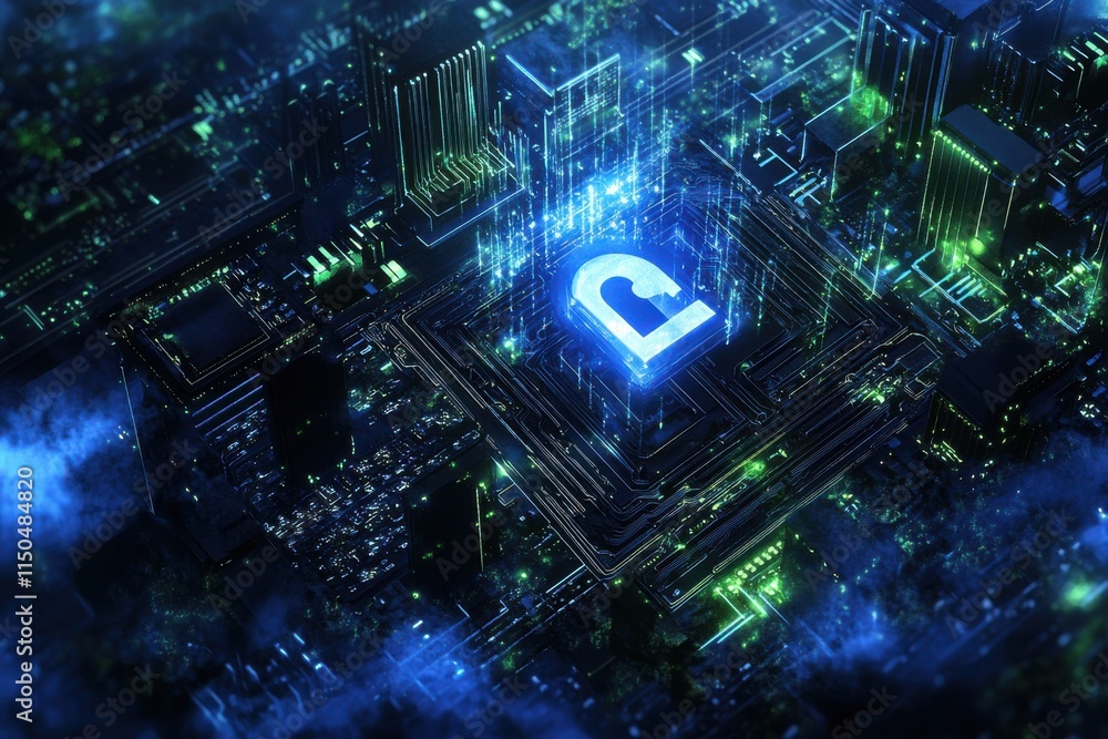 Poster digital art featuring a glowing padlock over a high-tech circuit board surrounded by smooth textures