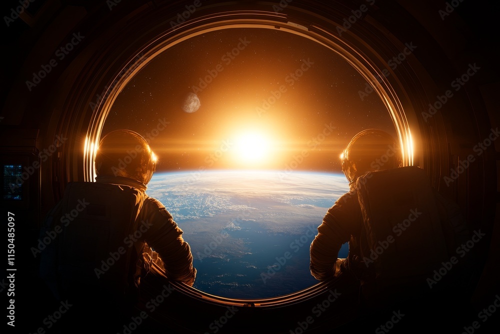 Aufkleber astronauts observe sunrise over earth from spacecraft window in outer space