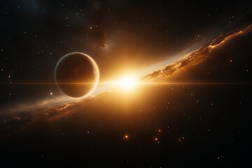Fototapeta premium Celestial sunrise over a distant planet revealing vibrant cosmic colors in deep space