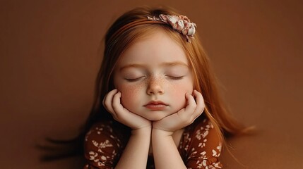 Peaceful redhead girl with eyes closed, hands supporting chin, wearing floral headband and dress.