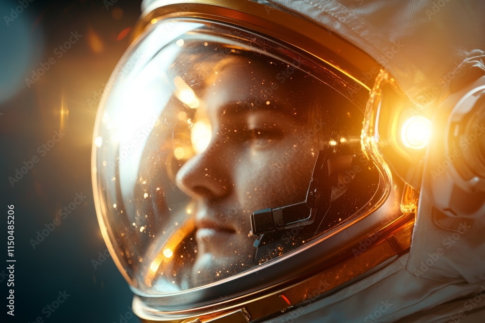 Poster astronaut with illuminated visor gazes into the distance while preparing for space exploration