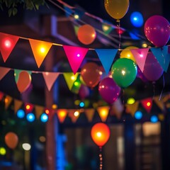 Colorful Decorations With Balloons and Lights Create a Festive Atmosphere During a Night Celebration in an Outdoor Setting