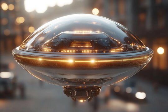 Futuristic flying saucer hovering over an urban street at dusk with glowing lights and a soft reflection
