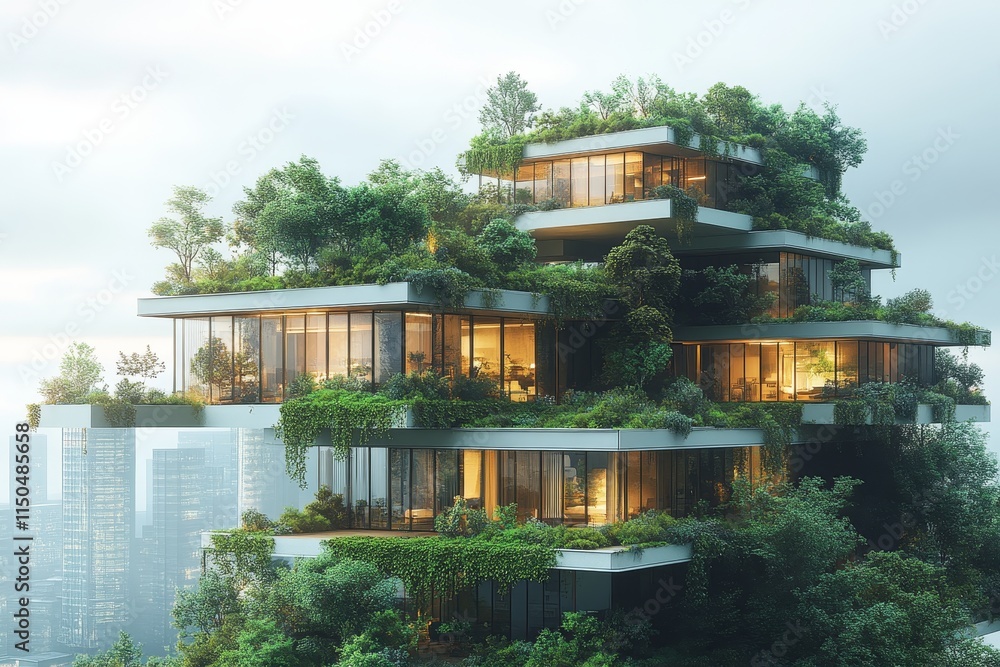 Poster innovative architectural design of a multi-level green building in an urban setting showcasing susta