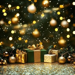 Colorful Gift Boxes With Sparkling Decorations and Golden Baubles on a Festive Backdrop During the Holiday Season