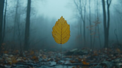 Obraz premium A solitary yellow leaf suspended in a misty forest, evoking a sense of tranquility.