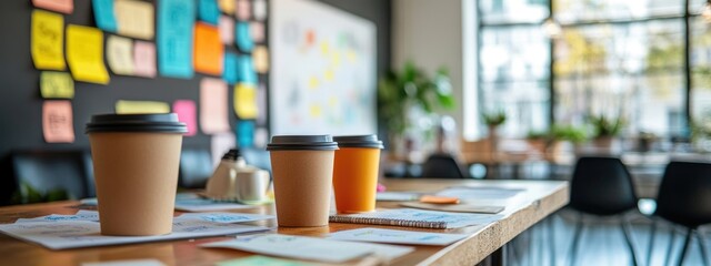 A bright and modern office features a wooden table with multiple coffee cups. Colorful sticky notes adorn the wall, showcasing brainstorming ideas amidst scattered papers and notebooks