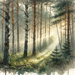 Obraz premium Misty woodland with sunlight streaming through trees in watercolor