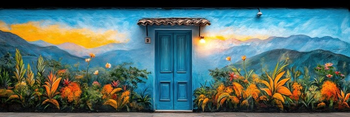 Blue door on a mural depicting a scenic landscape with mountains and flowers at sunset.
