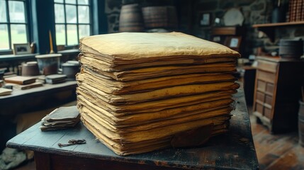 A stack of aged manuscripts on a wooden table in a historical setting.