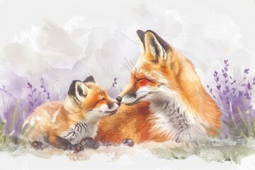Obraz premium A painting of two foxes cuddling together