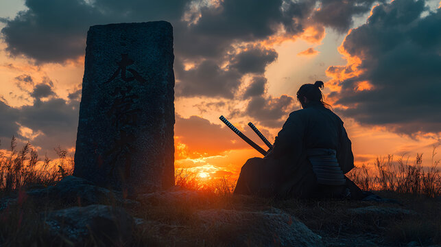 A legendary samurai carving his story into a stone tablet at sunset his katana resting against the engraved surface.