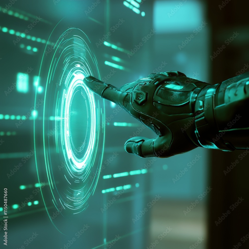 Poster futuristic hand interacting with a glowing digital interface in a modern technology setting capturin