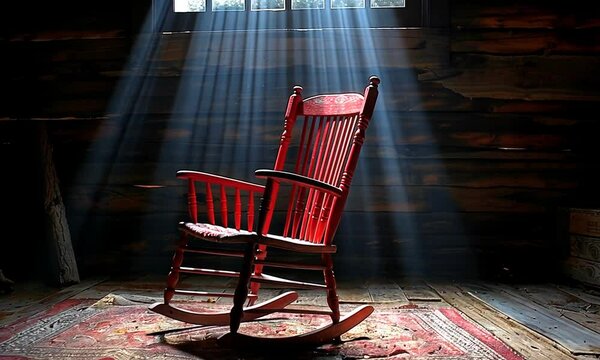 Red rocking chair in rustic wooden room with sunbeams.