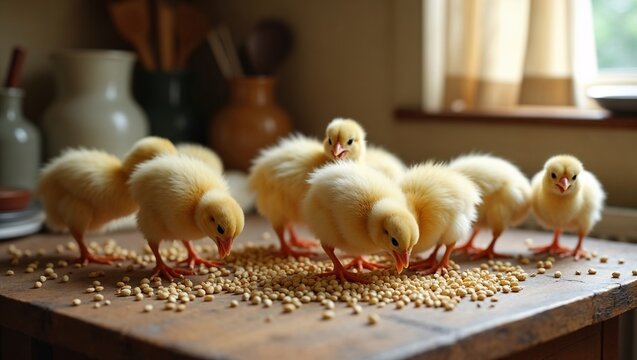 Group of adorable baby chicks pecking at grains on a wooden table, playful and lively, kitchen setting
 - Powered by Adobe