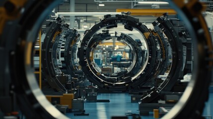 Factory interior with nested circular machinery.
