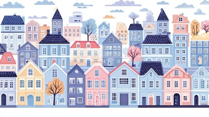 Colorful illustration of quaint houses in a charming town with lovely trees.