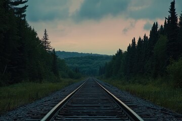 Fototapeta premium Railroad Tracks Vanishing Into A Forest Landscape
