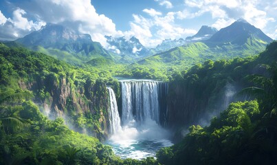 Fototapeta premium A wide-angle view of a majestic waterfall cascading through a verdant rainforest
