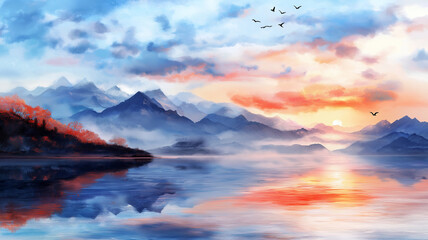 Breathtaking sunset over tranquil mountains and reflective lake