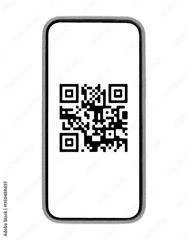 Poster QR code for scanning. Abstract digital pattern on a smartphone screen, symbolizing payment, website access. Retro, vintage halftone texture. Vector illustration isolated on white