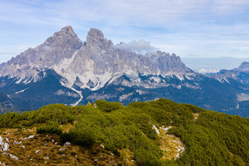Monte Cristallo Dolomiti Alps mountain summit. Beautiful landscape of the Dolomites rocky peak and blue sky in summer