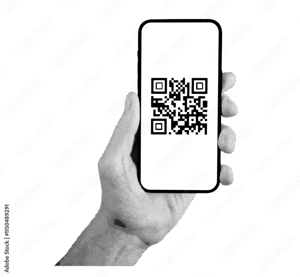 Poster QR code scan. Abstract digital pattern for quick access, displayed on a smartphone screen held in hand. Black and white design representing mobile payment, website access, or