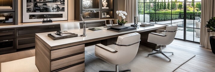 Modern home office with large desk, white chairs, and garden view.