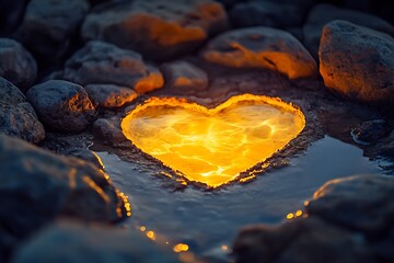 Heart shaped molten gold flowing between rocks