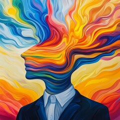 A vibrant abstract representation of emotions and thoughts bursting from a figure's head.