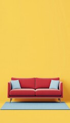 Brightly Colored Red Sofa With Blue Cushions Against a Vibrant Yellow Wall in a Modern Interior Setting