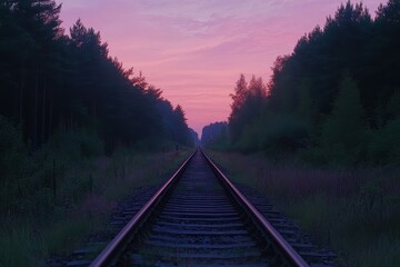 Fototapeta premium Railroad Tracks Vanishing Into A Pink Sunset Forest