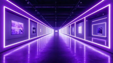Fototapeta premium Purple neon lights illuminate a modern art gallery hallway with reflective floor and artwork.